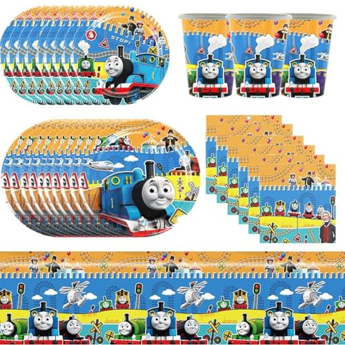 51PCS Train Party Tableware Set,Train Friends Tableware Supplies, Transportation Theme Birthday Party Decorations Including Paper Tableware Plates Napkins Cups Tablecloth -10 Guests