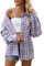 Decorie Camicia Donna Elegante a Quadri Maglia Donna Manica Lunga Top Donna Blusa Maglietta (Rosa Viola,XL)