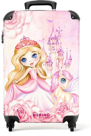 NoBoringSuitcases.com Kinderkoffer Mädchen, Koffer Kinder, Hartschalenkoffer, Kinder Reisekoffer, Kindertrolley Mädchen, Koffer Rosa, Handgepäck 55x40x20 cm (Prinzessin und Schloss - Rosa-Lila)