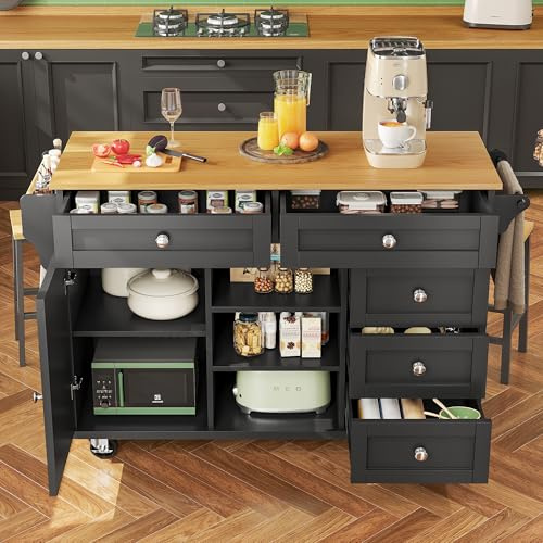 Ymkua Küchenwagen, Kücheninsel Küchenschrank Esswagen Anrichte, Anrichte mit Rollen, Anrichte mit Türen e 5 Schubladen, Buffetschrank mit Lagerregal, Mobiles und Festes Dual-Use, Schwarz, 134x46x92cm