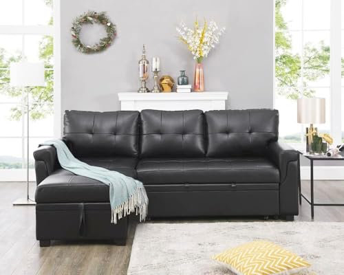 Panana 3 Seater Universal Sofabed, Pull Out Sleeper Corner Couch Bed with Storage Chaise. Black Faux Leather (Black Leather Look Fabric #2)