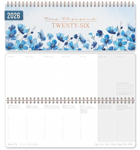 Häfft® Calendario de escritorio semanal internacional 2026 apaisado Blue Blossoms 1 semana 2 páginas, 29,8 x 11,6 cm, multilingüe - sostenible y respetuoso con el clima