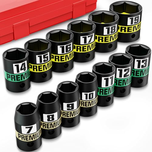 Aurlloct 13 Piezas Juego de Llaves de Vaso de Impacto 3/8, 7-19 mm Vasos de Impacto Poco Profundo, Ferramentas Auto para Reparación de Coches Cambio de Neumáticos