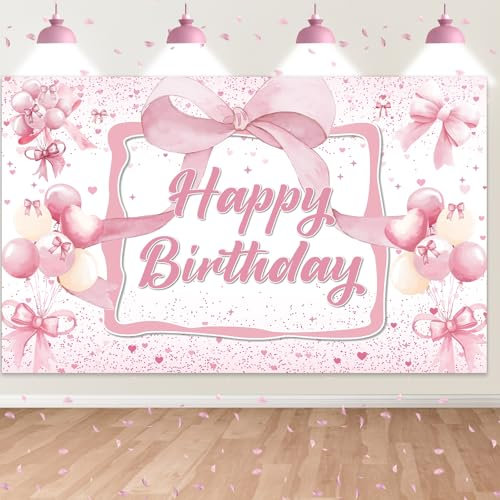 Schleife Geburtstag Banner Rosa,BTZO Happy Birthday Hintergrund Banner Geburtstagsbanner für Mädchen Frauen Baby Geburtstagsdekoration
