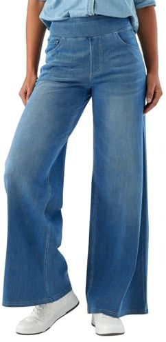 SotRong Womens Wide Leg Pull On Baggy Jeans with Multiple Pockets Tummy Control Straight Leg Casual Loose Stretch Curve High Elastic Waisted Plazzo Denim Trousers Medium Blue S