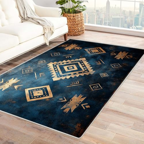 IEPOZWA Ikat Streifen Teppich Modern Landhausstil Rustikal Blauer Stern rutschfest waschbar strapazierfähig für Wohnzimmer Schlafzimmer Büro Flur Esszimmer(Blue)-60x90cm