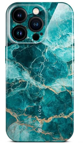 ONEFLOW Bliss Cover für iPhone 15 Pro Hülle in Marmor Optik, Designer Case Handy Schutzhülle mit Kameraschutz, Muster Hardcase Glitzer Handyhülle marmoriert, Türkis Blau