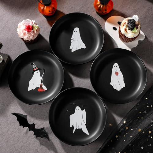Potchen 4 Pcs Ceramic Halloween Ghost Plates Round Appetizer Dishes | Reusable Stoneware Dessert Plates, Spooky Ghost Design for Halloween Party Serving, Dinner Table Decor and Gifts