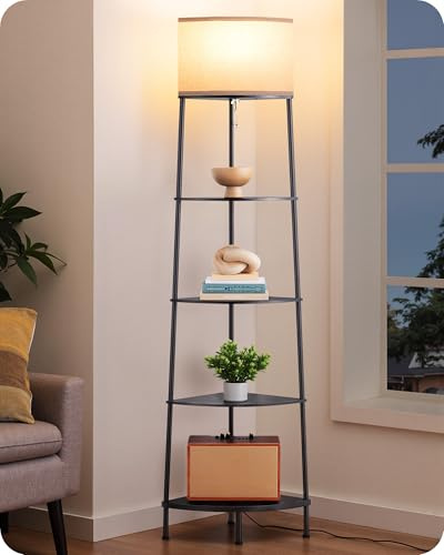 EDISHINE LED Stehlampe Wohnzimmer, mit Regal & Leinenschirm, Schwarz | 2700K Warmweiß, Metallgestell mit Anti-Rutsch-Pads, 169,5 cm hoch für Schlafzimmer, Büro und Leseecken