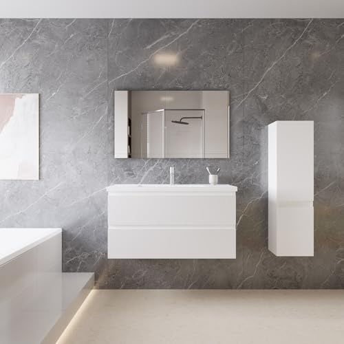 Acezanble Mueble de Baño. 99 x 44,5 x 52 cm. Armario de Baño con Lavabo 2 Cajones y Lavabo de cerámica. Blanco Mate