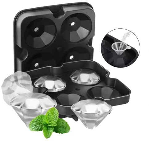 4-Compartment Silicone Ice Tray with Lid, 2 Diamond Shaped Ice Cube Molds | with Water Dispenser, Suitable for Kitchen Accessories, Whiskey, Cold Drinks, Easy To Pop Out, Reusable