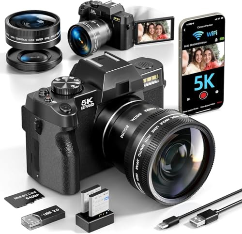 5K&64MP Digital Cameras for Photography&Video, Vlogging Camera for YouTube, Compact Camera with 64GB TF Card, WiFi,and Wide-Angle & Macro Len, AUTOFOCUS 16X Zoom for Entry-Level User, Beginners（Black）