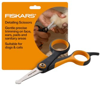 Fiskars Haustierpflegeschere, Hunde- und Katzenpflegeschere für empfindliche Bereiche und weicher Griff Zubehör für Katzen und Hunde, 14 cm, Orange/Schwarz