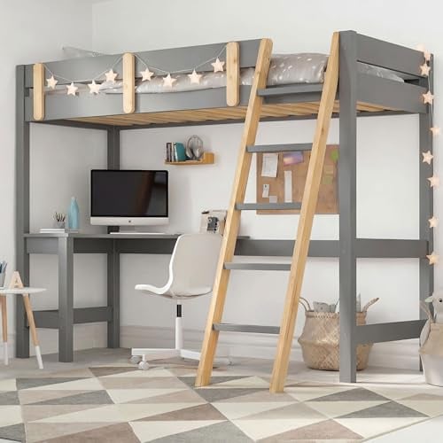Blisswood High Sleeper Bunk Bed, 3ft Single Wooden Loft Bed with Ladder, Safety Guardrail & Solid Pine Wood Bed Frame with Desk, Small Space Saving Bunkbed for Kids, Teens & Adults (Light Grey)
