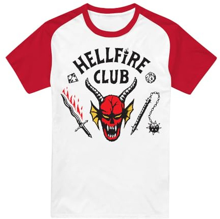 Stranger Things Hellfire Club Raglan Camiseta Baseball de Manga Corta, Blanco Rojo, XL