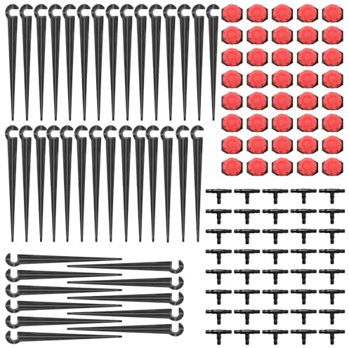 pangdapengpeng 120 Stück Automatische Tropf Bewässerung Set, Einstellbare Micro Drip Tropfer mit T-Steckverbinder & Rohrhalter für 4/7mm Schlauch, Bewässerungssystem für Garten, Rasen (Rot)