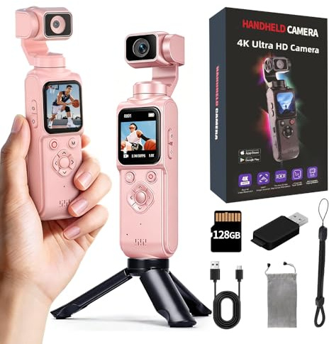 4K Handheld Vlogging Camera with WiFi, Outdoor Pocket Gimbal Camera, 330° Rotating Lens Handheld Video Camcorder, 64MP Fast Focusing Face Tracking, 3-Axis Stabilizer for Travel Vlog (Pink, 128G)