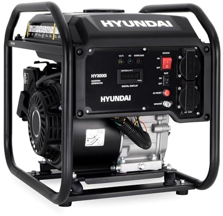 HYUNDAI Inverter Stromerzeuger HY3000i – 3.0 kW max. Leistung, Benzin Generator mit reinem Sinusstrom, 2x 230V, ECO-Modus, ideal für Camping, Baustelle und als Notstromaggregat