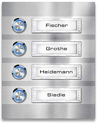 Metzler Türklingel - 4-fach Klingelplatte aus Edelstahl - Namensschild austauschbar - mit LED-Taster und Beleuchtung (optional) - (Namensschild mit Beleuchtung, LED-Taster Blau)