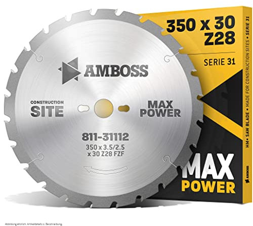 AMBOSS Werkzeuge - Lama per sega circolare HM di alta qualità - Per uso estremo in cantieri - FWF (Ø 350 mm x 3,5 mm x 30 mm (28 denti))