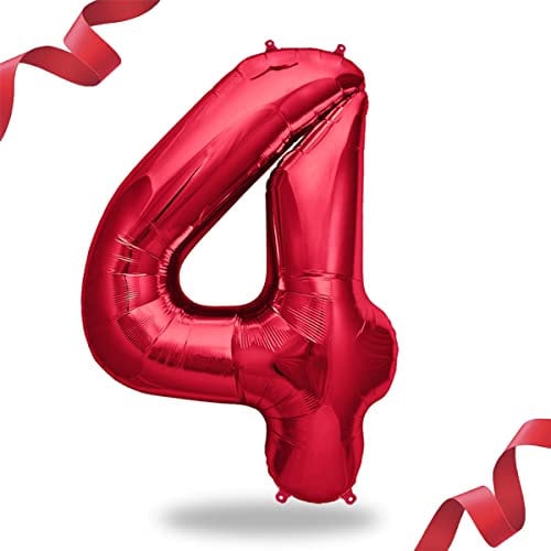 FUNXGO Folienballon Zahl in Rot- Riesenzahl ca.100cm Ballon - Folienballons für Luft oder Helium als Geburtstag, Hochzeit, Jubiläum oder Abschluss Geschenk, Party Dekoration (Rot [ 4 ])