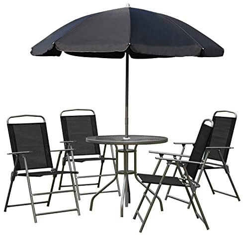 Outsunny Conjunto de Muebles para Jardín con 4 Sillas 1 Mesa y 1 Parasol Texteline Aluminio y Poliéster Negro