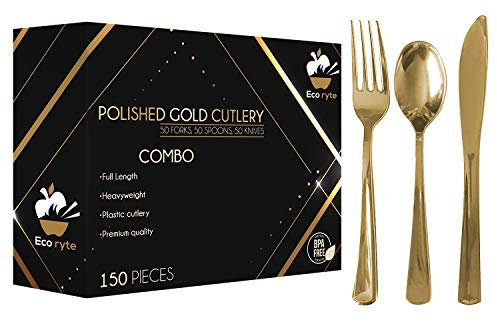 Cubiertos de plástico dorado de alta resistencia, 150 unidades, para bodas, baby showers y despedidas de soltera, desechables y reutilizables, sin BPA, color dorado