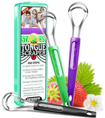 CATACC PRO 3 Pack Metal Tongue Scrapers for Adults & Kids, Stainless Steel Tongue Cleaner Scrubber with Travel Case
