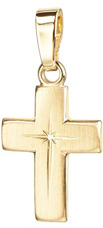 JEVELION Kreuz-Anhänger für Damen, Herren und Kinder mattiertes Kreuz mit strahlenförmiger Kreuz-Gravur als Kettenanhänger 925 Silber vergoldet + Schmuck-Etui