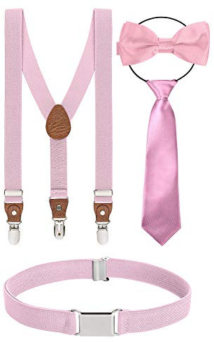 BomGuard Set di 4, Bretelle per bambino + papillon + cravatta + cintura, rosa