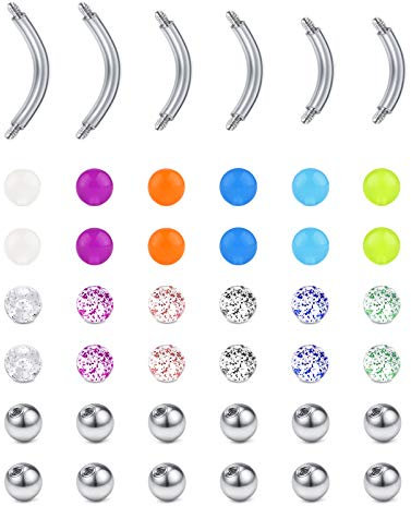 MODRSA 16G Ersatz Barbells & Kugeln für Augenbraue Bauchnabel Piercing Rook Daith Piercing Ohr 6-10MM Piercing Banana Leuchtender Glitzer Chirurgenstahl 3MM Kugeln