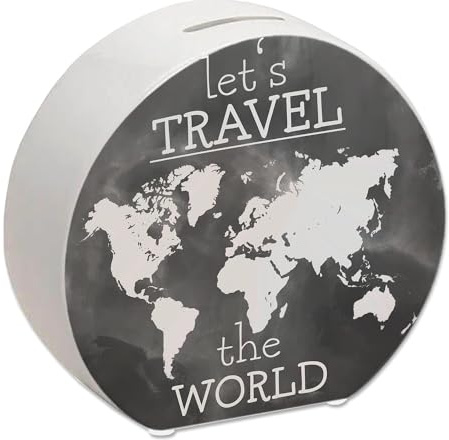 Spardose mit Weltkarten Motiv und Text - Let's travel the World in Schwarz Spardose mit Wasserfarbenmotiv und schönem Design um auf eine Weltreise oder den nächsten Urlaub im