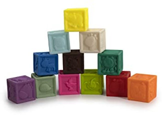 Tachan 785T00609 Gummiwürfel mit Farben, Zahlen und Zeichnungen, 12 Stück