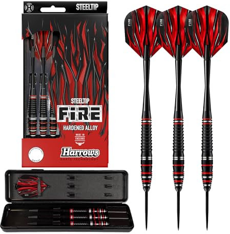 Harrows Fire High Grade Alloy Steel Tip Darts Set 21g, 22g, 23 & 24g - Includes Black Speedline Shafts, Fire Flights & Travel Case (21, Gramm)