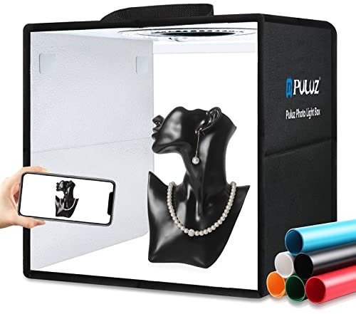 PULUZ Fotobox für Produktfotos 30x30x30cm, Dimmbares Faltbare Fotostudio Box Kit mit CRI≥97 Weiße Beleuchtung 112 LEDs Lichter + 8 Fotohintergründe
