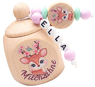 Milchzahndose mit Namen Mädchen REH mit Blumenkranz rosa mint Holz Zahnbox Milchzähne Geschenk Geburtstag Einschulung