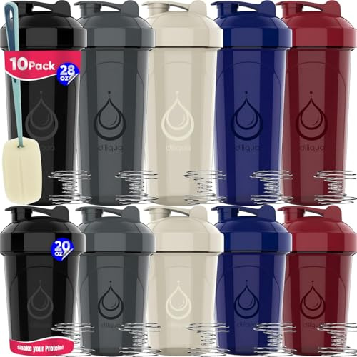 diliqua Lot de 10 bouteilles shaker pour mélanges protéinés | Lot de 10 bouteilles shaker étanches | Sans BPA et passent au lave-vaisselle | Grand shaker de 800 ml et petit flacon shaker de 590 g |