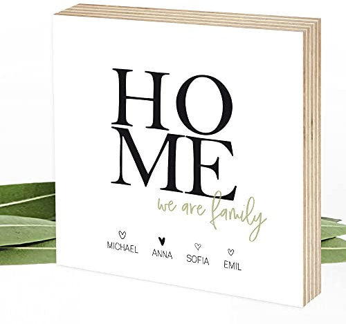 Wunderpixel® Holzbild HOME - personalisiert mit Namen - 15x15x2cm zum Hinstellen/Aufhängen, echter Fotodruck auf Holz - Wand-Bild Aufsteller Zuhause Dekoration Geschenk-Idee Familie