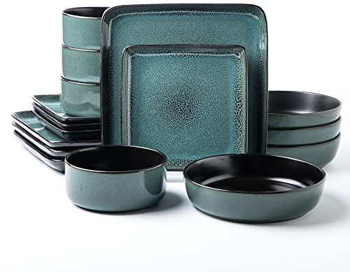 Arora Flackar 491765 Geschirr-Set aus Steingut für 4 Personen, quadratisch, zwei Schüsseln, Speiseteller, Beilagenteller, Müslischalen, Pastaschalen, Reaktivglasur, 16-teilig, Türkis