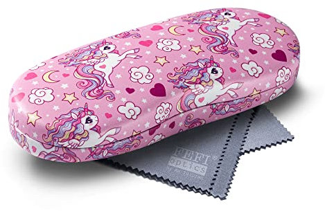 FEFI - Kinder Brillenetui (Hardcase) mit lustigen Motiven - inklusive Brillenputztuch/Microfasertuch - Einhorn