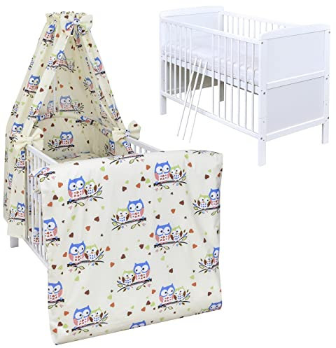 Generisch Baby Delux Babybett Komplett Set Kinderbett umbaubar zum Juniorbett 140x70 weiß Natalie Bettset Matratze 12-TLG Vollstoff (Eulenpaar beige)