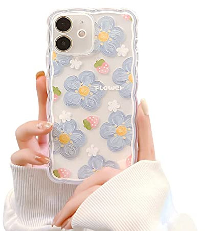 Fycyko Kompatibel mit iPhone 12 Hülle Transparent Case Blume Aesthetic Silikon Süßes Blumen Design Handyhülle Silicone Frauen Mädchen Girls Cute Flowers Dünne Cover Schutzhülle für iPhone 12-Blau