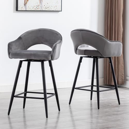 chairus Barhocker Drehbar mit Armlehnen Samt Bistrohocker 2er Set Tresenhocker Küche Hoher Hocker mit 4 Beine (Grau(Samt)-2)