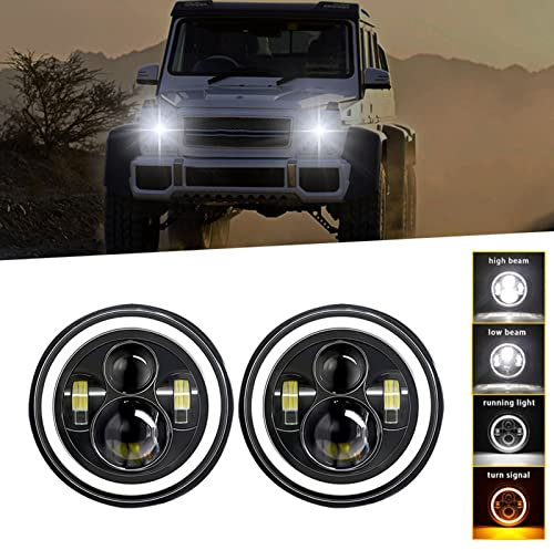 Aumotop Faro Coche H4 Faros Angel Eyes Luz Faro Moto LED 7 Pulgada 140W 14000LM, Faro Coche LED DRL 6000K Blanco / 3000K Ámbar 4 Modos de Iluminación per 9V-30V Coche Motocicleta Todoterreno