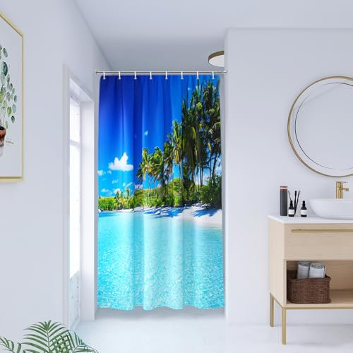 YISURE Rideau de douche, motifs de mer, plage, océan et palmiers, en textile, résistant à la moisissure, pour baignoire, lavable en machine, avec 8 œillets métal, (l x H) 120 x 200 cm