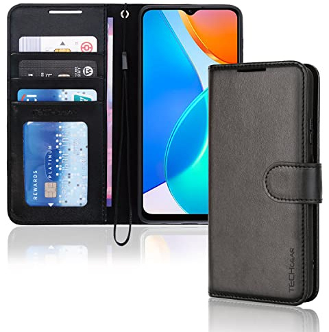 TECHGEAR Leather Wallet Case for Honor X6 4G / Honor X8 5G, Flip Protective Case Cover with Wallet Card Holder, Stand & Wrist Strap - Black PU Leather with Magnetic Closure for Honor X6 4G / X8 5G