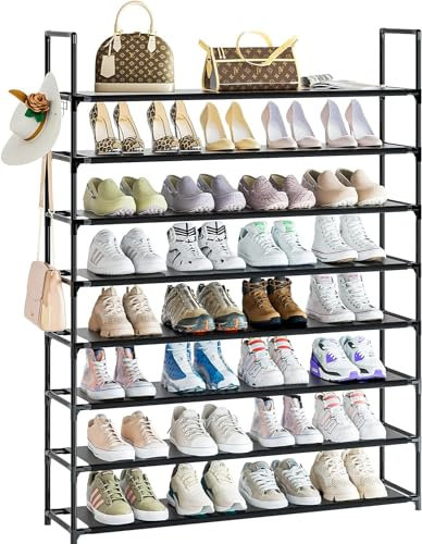 OYREL Shoe Rack 8 Tier 32-40 Pairs Shoes, Shoe Storage Organizer Large with Side Hook Space Saving for Closet, Entryway, Garage, Bedroom Non-Woven Shoe Rack Shelf