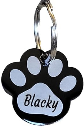 Hundemarke aus Edelstahl in Pfotenform mit Gravur Personalisiert - Tiermarke Hund, Katze, Welpen, 3 Größen, 6 Farben (L 40mm X 37mm, Schwarz)