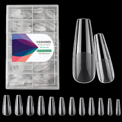YGSHIWEI Klare Weiche Gel-Nagelspitzen,504 Stück, 12 Größen,Vollständig abgedeckte künstliche Nägel, Pre-buff Kunstnägel Set für Nagelkunst, DIY (Lange Ballerina/Coffin)