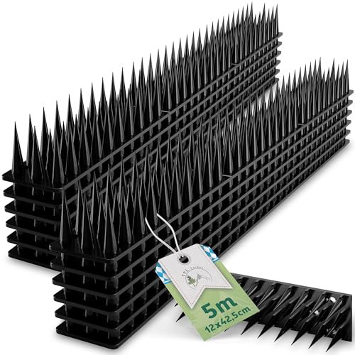 TTL Garden - Pinchos antipalomas de 5 m para balcón y alféizar de ventana, 5 metros, 12 x 42 cm, plástico negro, 37 mm de alto, 3 filas, ahuyentador de pájaros para barandillas, sistema solar,